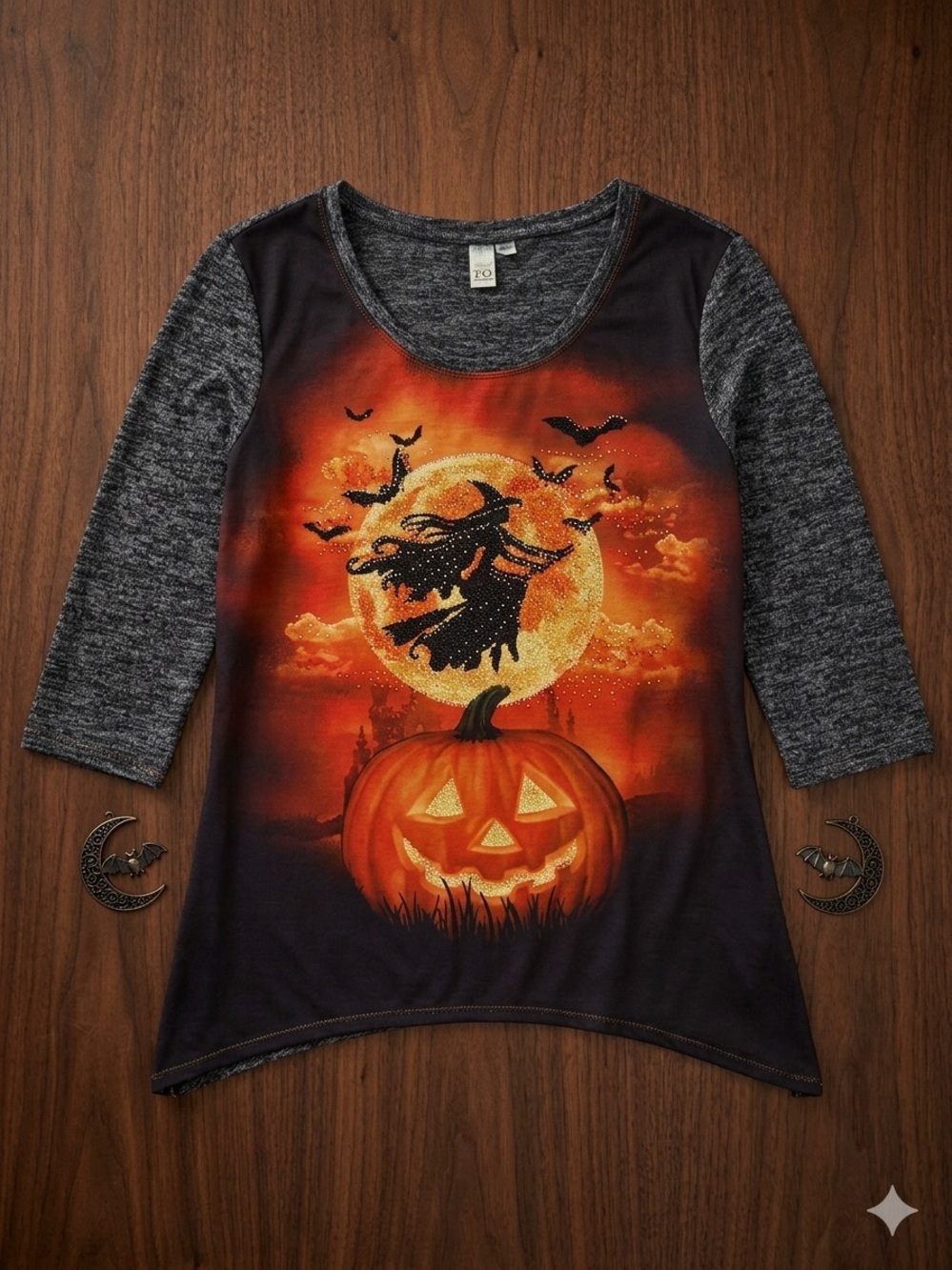 Thomas & Olivia Halloween Shirt PL Petite L Witch Pumpkin Graphic Rhinestone
